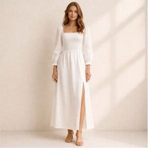 Reformation Gitane Linen Midi Dress Size S White‎ Smocked Puff Sleeve Cottage
